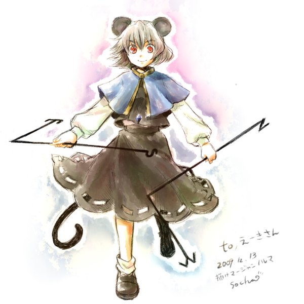 Anime picture 1600x1600 with touhou nazrin socha single short hair smile red eyes white background signed animal ears grey hair mouse ears girl pendant