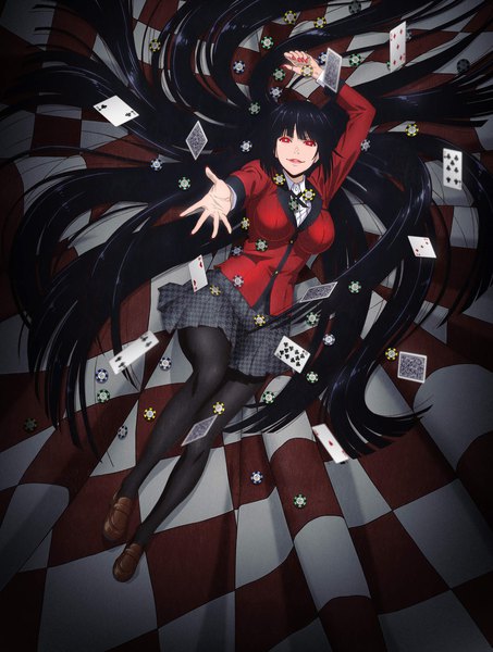Anime picture 1770x2345 with kakegurui jabami yumeko single tall image looking at viewer fringe highres breasts black hair smile red eyes large breasts full body lying blunt bangs very long hair nail polish pleated skirt official art on back