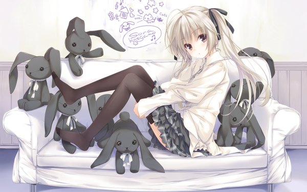 Anime picture 1920x1200 with yosuga no sora kasugano sora ohara tometa long hair looking at viewer highres wide image twintails white hair grey eyes girl thighhighs skirt ribbon (ribbons) black thighhighs hair ribbon miniskirt shirt toy stuffed animal