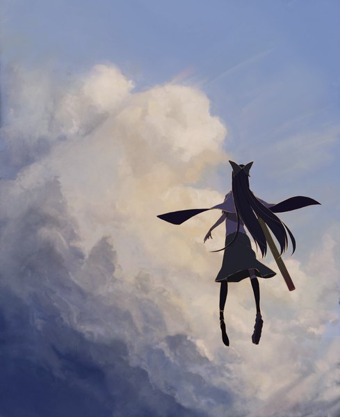 Anime picture 1200x1471 with touhou reiuji utsuho haruba negi single long hair tall image sky cloud (clouds) from behind flying dark hair arm cannon girl skirt bow weapon hair bow