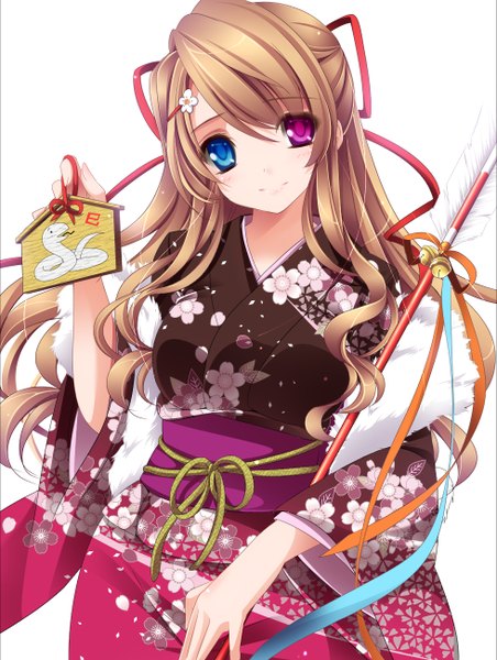 Anime picture 980x1300 with original moneti (daifuku) single long hair tall image looking at viewer brown hair traditional clothes japanese clothes heterochromia new year 2013 girl ribbon (ribbons) weapon hair ribbon kimono obi bell jingle bell