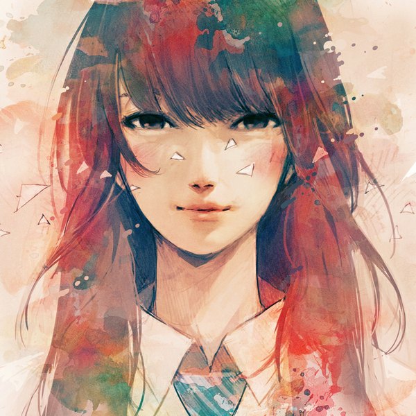 Anime picture 800x800 with original wataboku single long hair looking at viewer fringe blue eyes smile brown hair wind lips portrait face girl shirt necktie