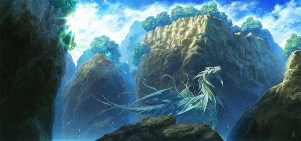 Anime picture 1503x708 with original mstk (artist) wide image horn (horns) sunlight mountain landscape rock plant (plants) tree (trees) sun dragon