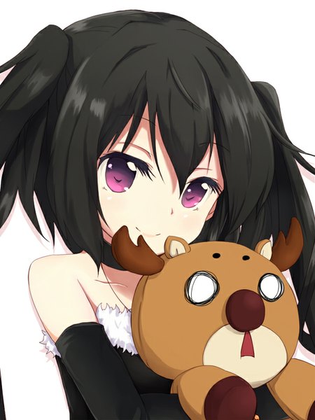 Anime picture 600x800 with original note-chan amano kouki single long hair tall image looking at viewer fringe black hair simple background smile hair between eyes white background purple eyes bare shoulders girl toy stuffed toy