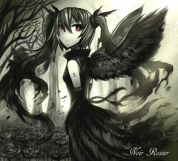 Anime picture 1500x1359 with vocaloid hatsune miku gia single long hair black hair red eyes twintails looking back inscription tattoo girl dress gloves plant (plants) wings tree (trees) elbow gloves