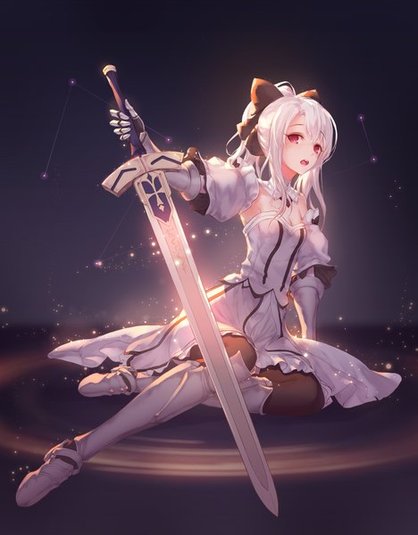 Anime picture 3000x3841 with fate (series) fate/kaleid liner prisma illya illyasviel von einzbern godoju single long hair tall image looking at viewer highres open mouth simple background red eyes sitting payot full body bent knee (knees) white hair ponytail sparkle outstretched arm