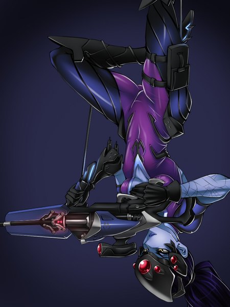 Anime picture 768x1024 with overwatch blizzard entertainment widowmaker (overwatch) akx90000 single long hair tall image breasts light erotic simple background holding yellow eyes looking away purple hair bent knee (knees) ponytail lipstick ass visible through thighs upside down purple background