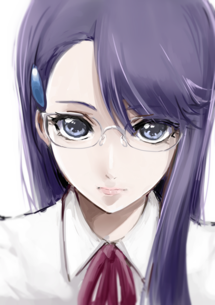 Anime picture 707x1000 with precure heartcatch precure! toei animation tsukikage yuri tsukikage oyama single long hair tall image looking at viewer fringe blue eyes simple background white background purple hair portrait white skin girl hair ornament ribbon (ribbons) glasses