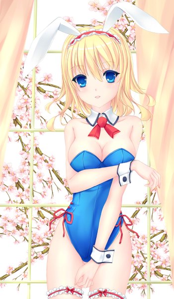 Anime picture 701x1200 with touhou alice margatroid fred0092 single tall image looking at viewer blush short hair blue eyes light erotic blonde hair bare shoulders animal ears bunny ears cherry blossoms girl plant (plants) tree (trees) window bunnysuit