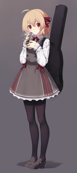 Anime picture 1200x2661 with touhou rumia sh (562835932) single tall image looking at viewer fringe short hair open mouth blonde hair simple background hair between eyes red eyes holding full body ahoge grey background shadow alternate costume girl