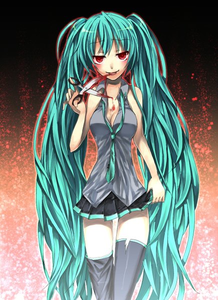 Anime picture 1000x1379 with vocaloid hatsune miku tall image looking at viewer red eyes twintails very long hair aqua hair evil grin yandere girl skirt socks necktie black socks blood scissors