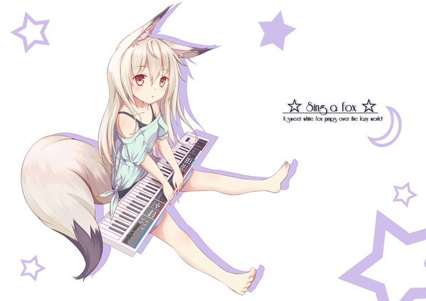 Anime picture 2338x1653 with original yukishiro arute single long hair looking at viewer fringe highres blonde hair simple background hair between eyes white background sitting bare shoulders holding brown eyes animal ears full body tail animal tail barefoot