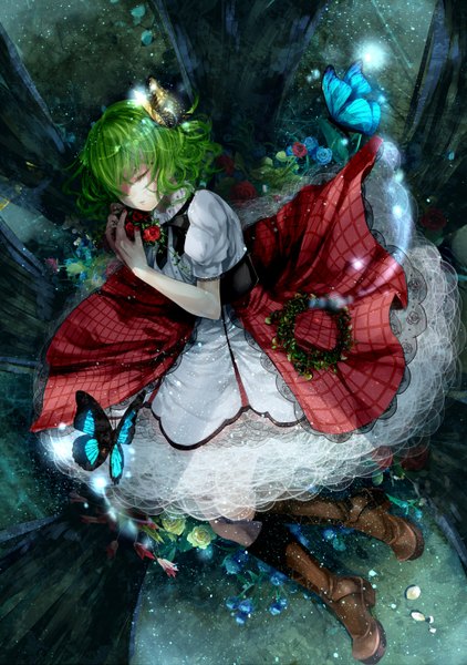 Anime picture 1000x1420 with touhou kazami yuuka momose momo single tall image short hair eyes closed green hair girl dress flower (flowers) plant (plants) tree (trees) boots insect butterfly