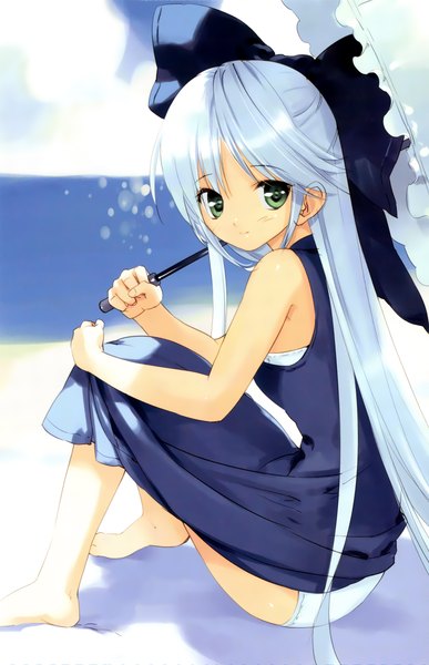 Anime picture 2272x3522 with soshite ashita no sekai yori mizumori minami ueda ryou long hair tall image looking at viewer highres light erotic green eyes white hair beach pantyshot sitting half updo girl bow hair bow umbrella sundress