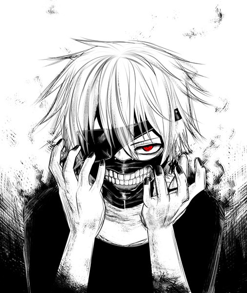 Anime picture 995x1180 with tokyo ghoul studio pierrot kaneki ken rururunezumi single tall image looking at viewer short hair red eyes white background white hair nail polish teeth monochrome angry sketch thighhighs boy white thighhighs mask