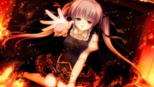 Anime picture 1280x720 with root double kotono yuuri long hair open mouth wide image twintails green eyes game cg grey hair girl dress ribbon (ribbons) hair ribbon fire