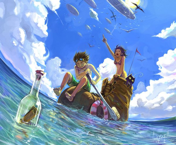 Anime picture 1070x886 with adiyos open mouth black hair bare shoulders sky cloud (clouds) girl boy swimsuit animal bikini water glasses shorts boots sea bird (birds) cat bottle sun