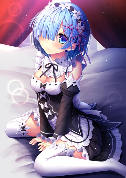 Anime picture 707x1000 with re:zero kara hajimeru isekai seikatsu white fox rem (re:zero) toshi (1-147) single tall image blush fringe short hair blue eyes sitting blue hair hair over one eye maid girl thighhighs dress uniform detached sleeves white thighhighs