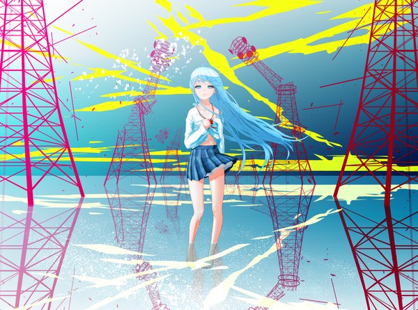 Anime picture 1935x1440 with denpa onna to seishun otoko shaft (studio) touwa erio single long hair highres blue eyes blue hair wind reflection destruction girl skirt miniskirt water