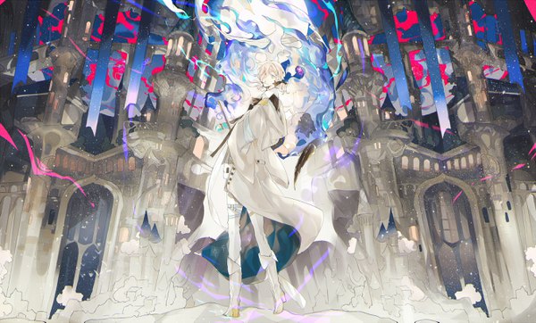Anime picture 2700x1633 with original pixiv fantasia pixiv fantasia t emera single looking at viewer fringe highres short hair wide image green eyes full body white hair looking back hair over one eye boy bow hair bow earrings boots