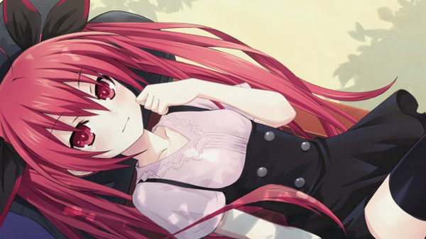 Anime picture 1280x720 with date a live itsuka kotori long hair red eyes wide image twintails game cg red hair lying girl thighhighs dress bow black thighhighs hair bow