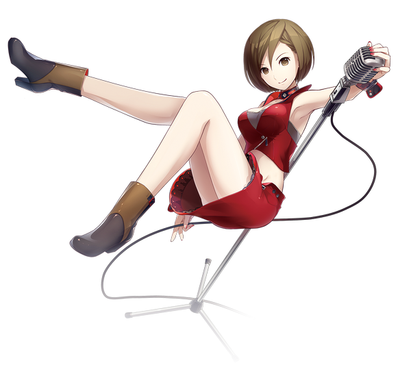 Anime picture 1200x1136 with vocaloid meiko meiko (vocaloid3) ixima single looking at viewer short hair brown hair brown eyes armpit (armpits) legs transparent background girl skirt boots skirt set microphone stand