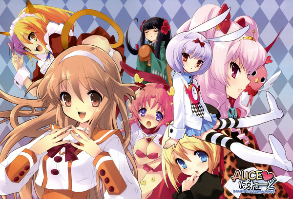 Anime picture 5035x3434 with alice parade kimagure neko miori (alice parade) silk (alice parade) odoodo funny lavinia (alice parade) luna (alice parade) yaname (alice parade) emudori itou noiji long hair blush highres short hair blue eyes black hair blonde hair red eyes purple eyes brown eyes