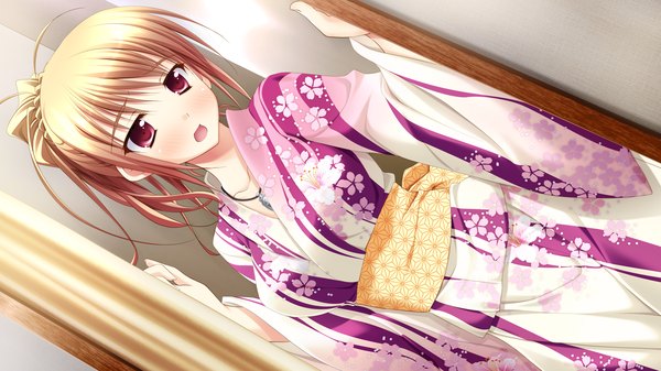 Anime picture 2560x1440 with yaneura no kanojo dp minase (artist) single blush highres short hair open mouth blonde hair red eyes wide image game cg traditional clothes girl obi