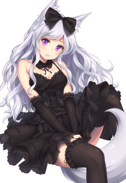Anime picture 918x1332 with original sasaame single long hair tall image looking at viewer simple background white background purple eyes animal ears white hair tail head tilt animal tail girl thighhighs dress bow black thighhighs hair bow