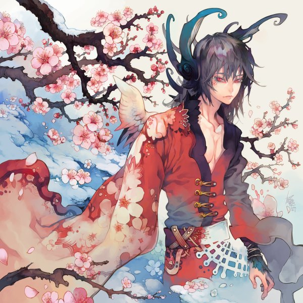 Anime picture 1200x1200 with original yilee single long hair looking at viewer red eyes floral print snow face paint dark hair plum blossoms animal eyes boy flower (flowers) belt branch