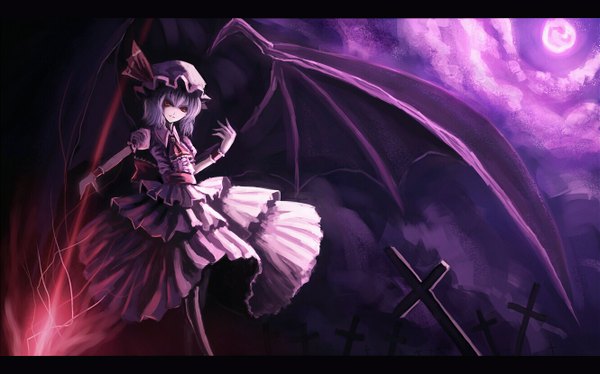 Anime picture 1330x830 with touhou remilia scarlet paseri single short hair red eyes wide image purple hair vampire girl dress hat wings moon cross bonnet full moon spear the gungnir