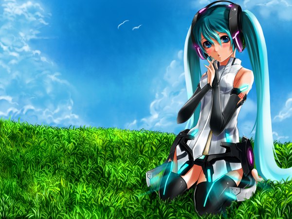 Anime picture 1400x1050 with vocaloid hatsune miku single blush blue eyes sitting twintails bare shoulders sky cloud (clouds) very long hair parted lips barefoot aqua hair hands clasped body writing girl thighhighs black thighhighs plant (plants)