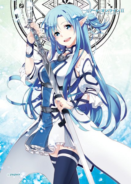 Anime picture 638x895 with sword art online a-1 pictures yuuki asuna asuna (sao-alo) playback (artist) single long hair tall image looking at viewer blush open mouth blue eyes signed blue hair pointy ears copyright name girl thighhighs weapon black thighhighs