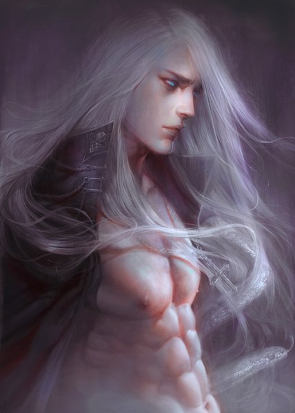 Anime picture 800x1122 with original alexander (zeilyan) zeilyan single long hair tall image simple background looking away nipples upper body white hair aqua eyes lips realistic grey background open jacket muscle abs boy navel