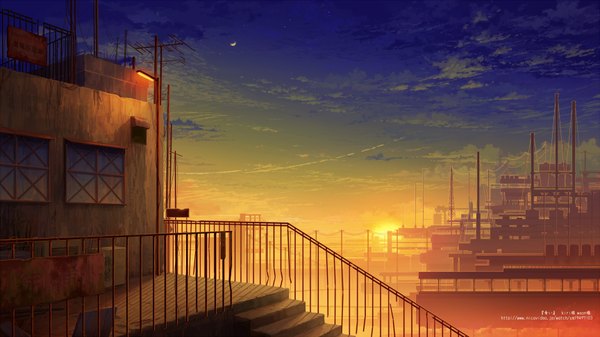 Anime picture 1728x972 with original juuyonkou highres wide image sky cloud (clouds) city evening sunset cityscape scenic building (buildings) moon star (stars) stairs wire (wires)