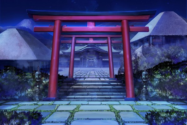 Anime picture 1000x667 with original zonmin night night sky mountain no people fog star (stars) stairs torii shrine