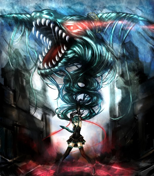 Anime picture 1750x2000 with vocaloid hatsune miku shino (eefy) single long hair tall image highres red eyes twintails bare shoulders aqua eyes aqua hair arms up armpit (armpits) girl thighhighs detached sleeves necktie building (buildings) dragon