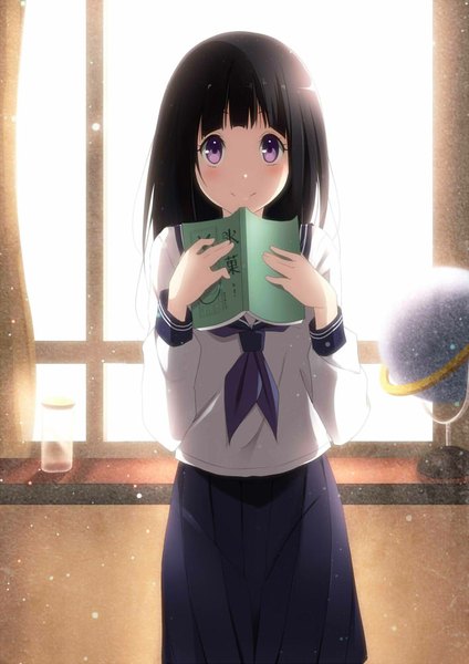 Anime picture 707x1000 with hyouka kyoto animation chitanda eru kisaichi jin single long hair tall image looking at viewer blush black hair smile purple eyes sparkle backlighting girl skirt serafuku window book (books) jar