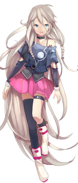 Anime picture 1102x2547 with vocaloid ia (vocaloid) single long hair tall image fringe blue eyes blonde hair simple background smile white background bare shoulders looking away braid (braids) very long hair aqua eyes light smile twin braids girl thighhighs