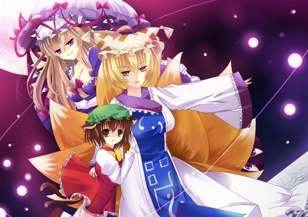 Anime picture 1414x1000 with touhou yakumo yukari yakumo ran chen natsumikan long hair short hair blonde hair brown hair purple eyes multiple girls brown eyes animal ears yellow eyes long sleeves animal tail cat ears cat tail loli fox tail