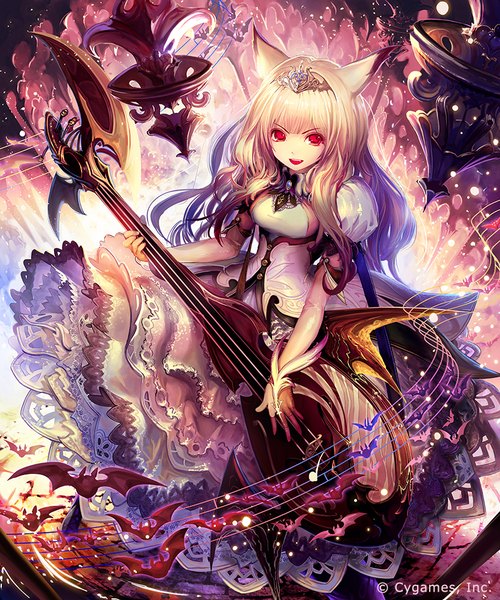 Anime picture 833x1000 with original tachikawa mushimaro (bimo) single long hair tall image looking at viewer open mouth blonde hair red eyes animal ears girl dress hair ornament tiara musical instrument