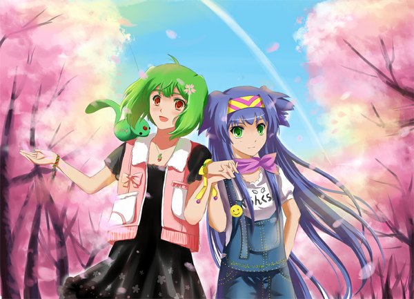Anime picture 1000x722 with macross macross frontier ranka lee klan klang w rong long hair short hair open mouth red eyes multiple girls green eyes blue hair green hair cherry blossoms girl dress 2 girls plant (plants) petals tree (trees)