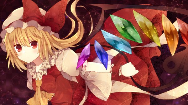 Anime picture 1500x843 with touhou flandre scarlet abandon ranka single looking at viewer short hair blonde hair red eyes wide image girl dress wings bonnet crystal