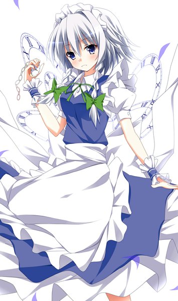 Anime picture 700x1181 with touhou izayoi sakuya kurono yuzuko single tall image looking at viewer blush fringe short hair blue eyes simple background white background silver hair braid (braids) maid twin braids girl uniform bow hair bow