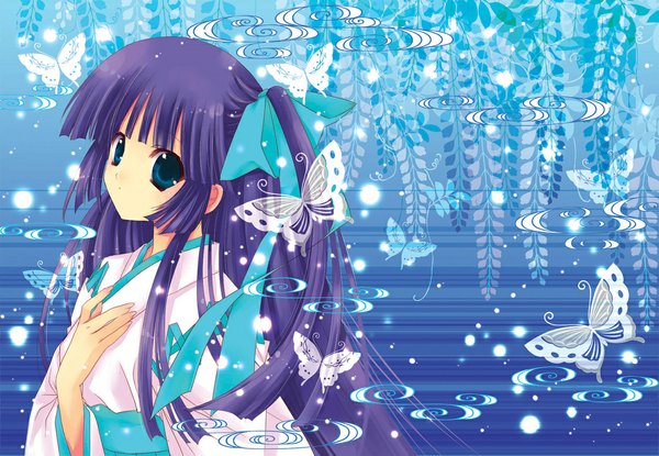 Anime picture 1163x805 with nanase aoi long hair blue eyes purple hair japanese clothes girl plant (plants) insect butterfly yukata