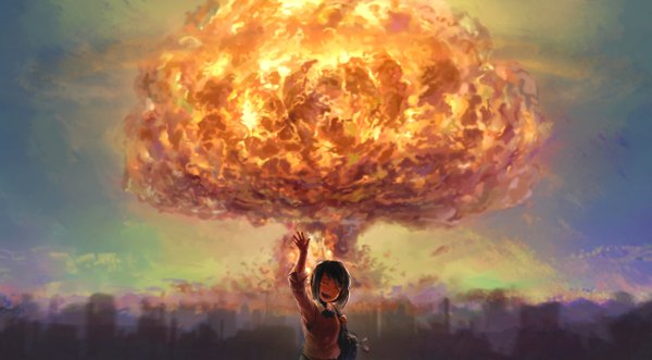 Anime picture 1230x680 with original he (artist) single short hair open mouth black hair wide image eyes closed arm up city explosion girl uniform school uniform school bag fire mushroom cloud