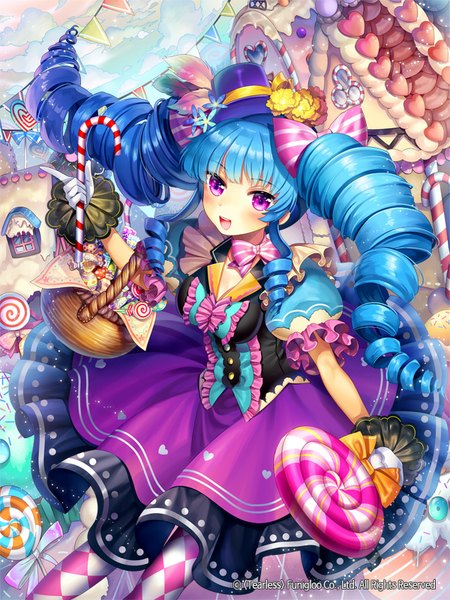 Anime picture 600x800 with original bonbon (original) ells (ellsat) single long hair tall image blush open mouth smile twintails blue hair :d pink eyes hair flower drill hair girl thighhighs dress gloves hair ornament