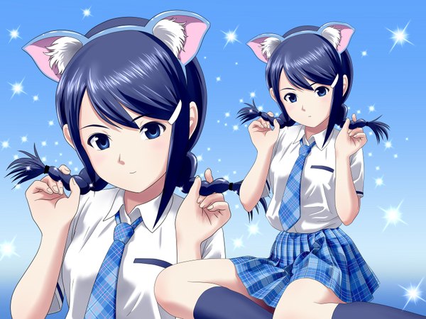 Anime picture 1600x1200 with idolmaster idolmaster dearly stars mizutani eri ponnetsu blue eyes animal ears blue hair cat girl rough time school girl skirt uniform school uniform blue skirt