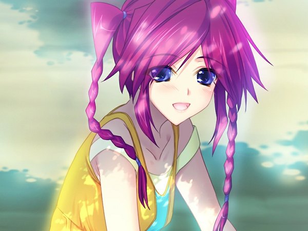 Anime picture 1024x768 with shiden enkan no kizuna (game) single long hair open mouth blue eyes pink hair game cg braid (braids) girl