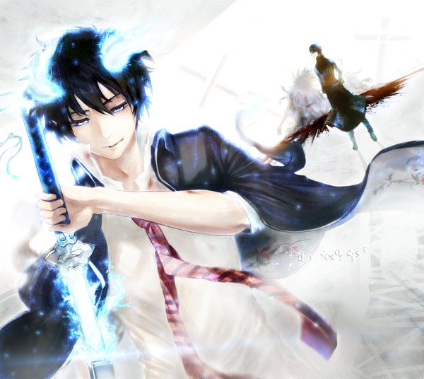 Anime picture 1600x1430 with ao no exorcist a-1 pictures okumura rin okumura yukio short hair blue eyes black hair looking away multiple boys glowing boy weapon sword necktie katana blood 2 boys suit